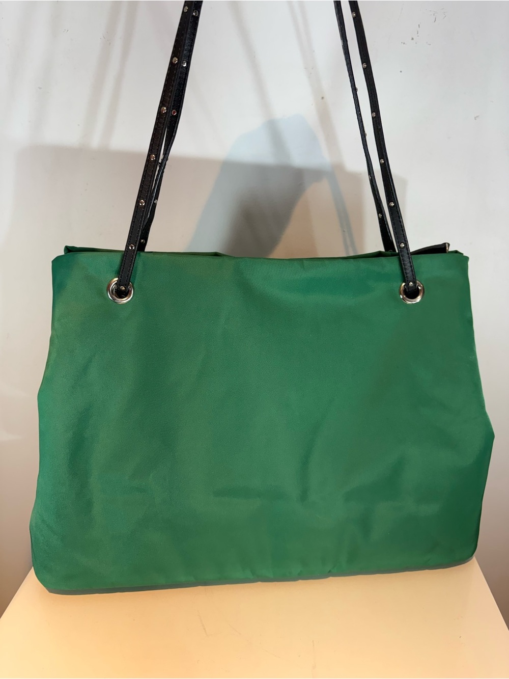 Agnès b. VOYAGE Green Nylon Tote Shoulder Bag Studded Straps